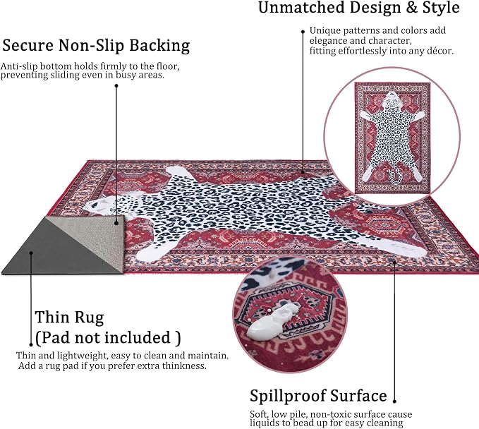Oriental Leopard Rug 8x10 ft Washable Traditional Red Persian Rug - Image 4