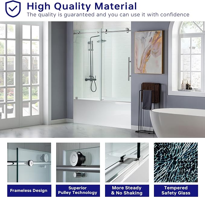 WOODBRIDGE MBSDC6062-C Frameless Sliding Glass Tub Door | 56"-60"W x 62"H | - Image 2