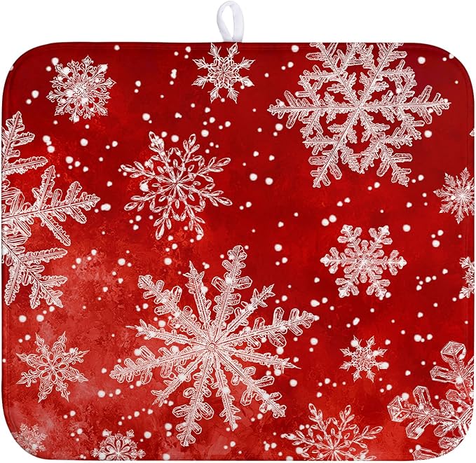Christmas Dish Drying Mat for Kitchen Counter 16x18 Inch Red Snowflake Xmas by Wnoesat
