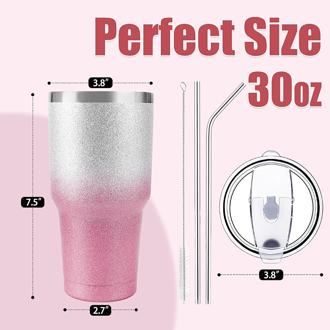 D·S 30 oz Tumbler Pink Glitter Gradient Cup Stainless Steel Double Wall Vacuum - Image 2