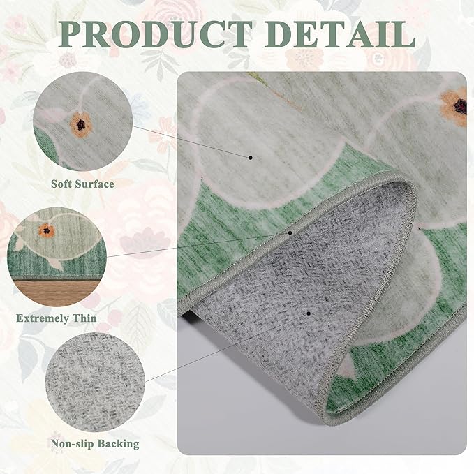 DUKINO 2x8 Runner Rug for Hallway, Washable Kitchen Runner Rug with Rubber Backing Non Slip, Low Pile Soft Boho Floral Thin Carpet for Entryway, Hallway, Bathroom, Laundry Room, Green