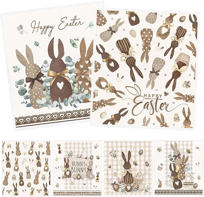 Easter Swedish Dishcloths for Kitchen, 6 Pack Rustic Bunny Reusable Dish Paper by InIsaJace