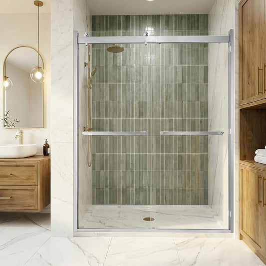 Sliding Shower Door, 44-48" W x 76" H Semi-Frameless Double Sliding Glass by AquivaCoast
