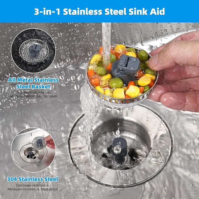 Hibbent 3 in 1 Kitchen Sink Drain Strainer, Stainless Steel Wrapped Shell Drain - Image 2