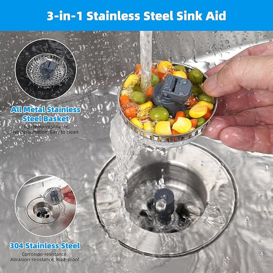 Hibbent 3 in 1 Kitchen Sink Drain Strainer, Stainless Steel Wrapped Shell Drain - Image 2