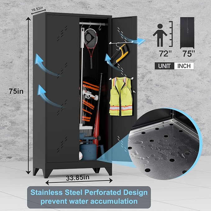 Metal Storage Cabinet with Lock Door, Broom Closet Bathroom Storage Cabinet - Image 2