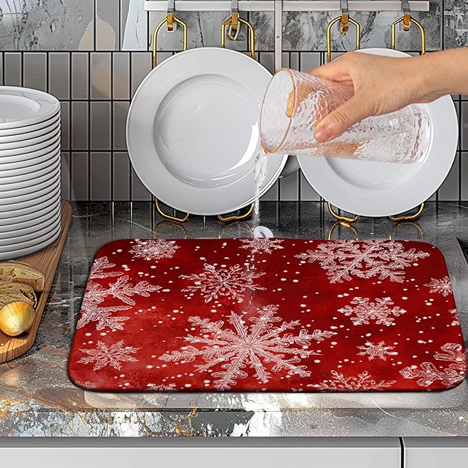 Christmas Dish Drying Mat for Kitchen Counter 16x18 Inch Red Snowflake Xmas - Image 5