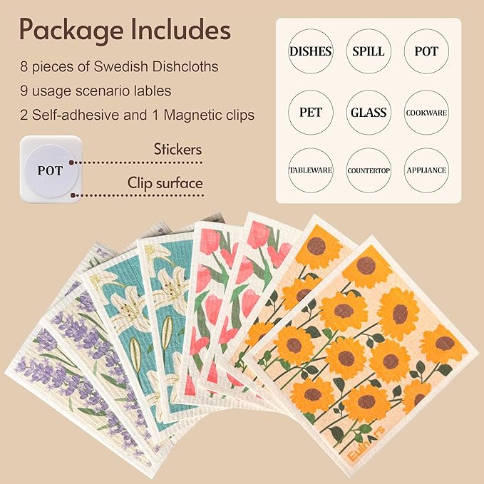 Swedish Dishcloths for Kitchen, 8 Pack Flower Reusable Paper Towels Washable - Image 6