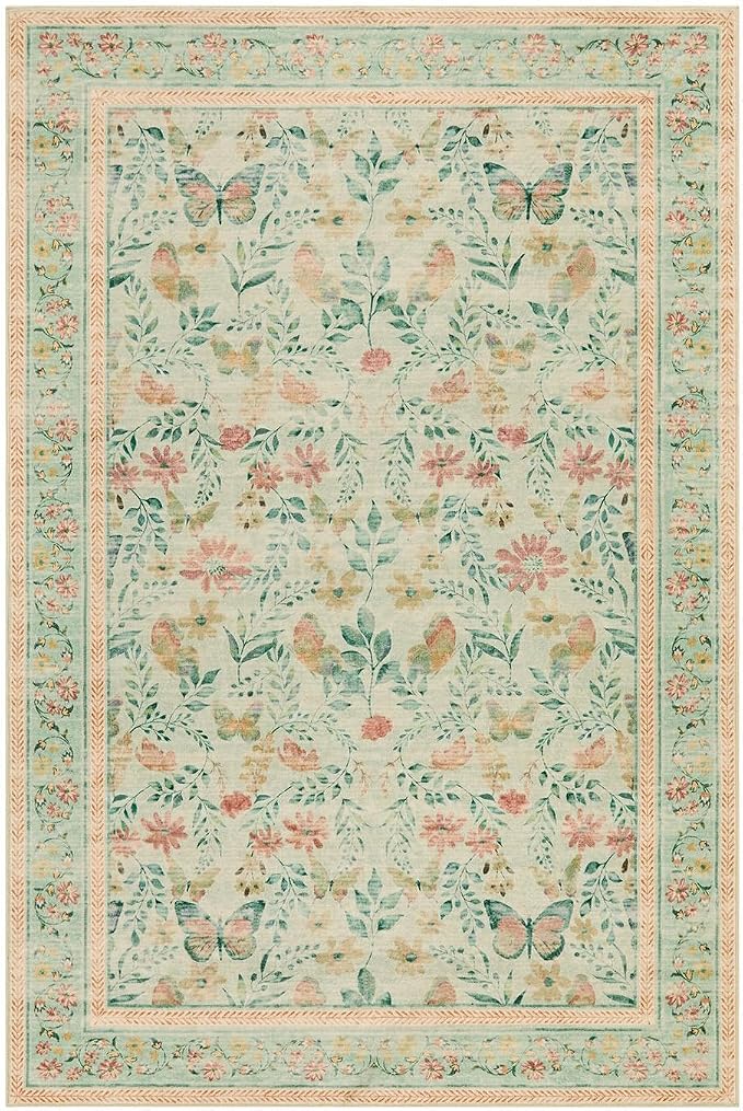 Floral 5x7 Washable Area Rug, Vintage Boho, Non Slip Low Pile Wool Carpet - Image 4