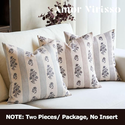 Amor Virisso Floral Throw Pillow Covers 22x22 Set of 2 Block Print Pillow Covers Neutral Floral Striped Farmhouse Decorative Pillow Covers for Sofa Couch Bed, Light Blue