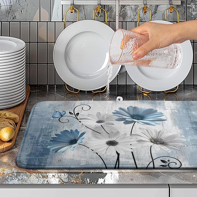 Dish Drying Mat for Kitchen Counter 18x24 Inch Blue Grey Daisy Drying Pads - Image 5