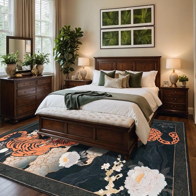 Japanese Tiger 5X7 Area Rug, Washable Black Leopard Tiger Rugs - Image 2