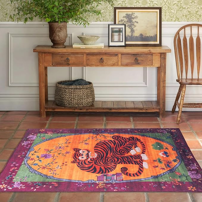 Tiger Rug Washable 4x6 ft Oriental Traditional Animal Print Vintage Fuchsia - Image 3