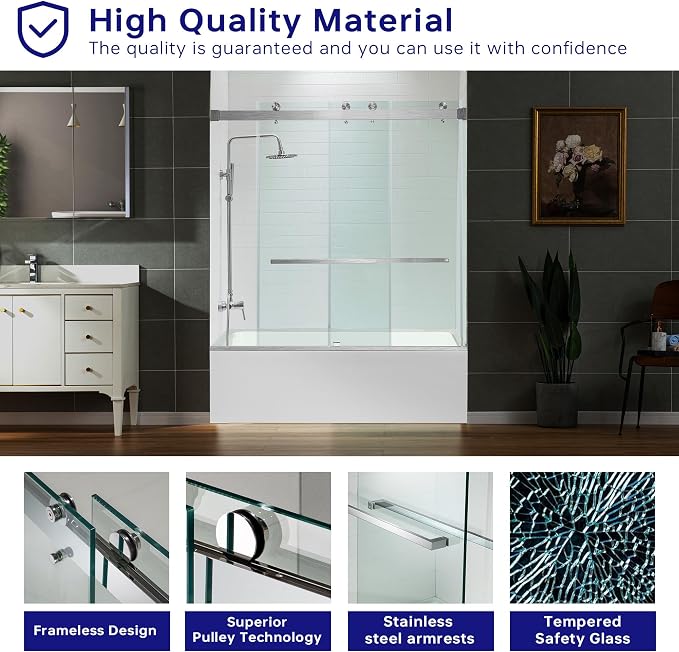 Woodbridge Frameless Bathtub Shower Doors 56-60" Width x 66" Height - Image 6