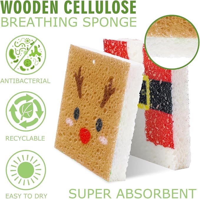 Whaline 8Pcs Christmas Character Kitchen Sponges Santa Reindeer Snowman Elf - Image 3