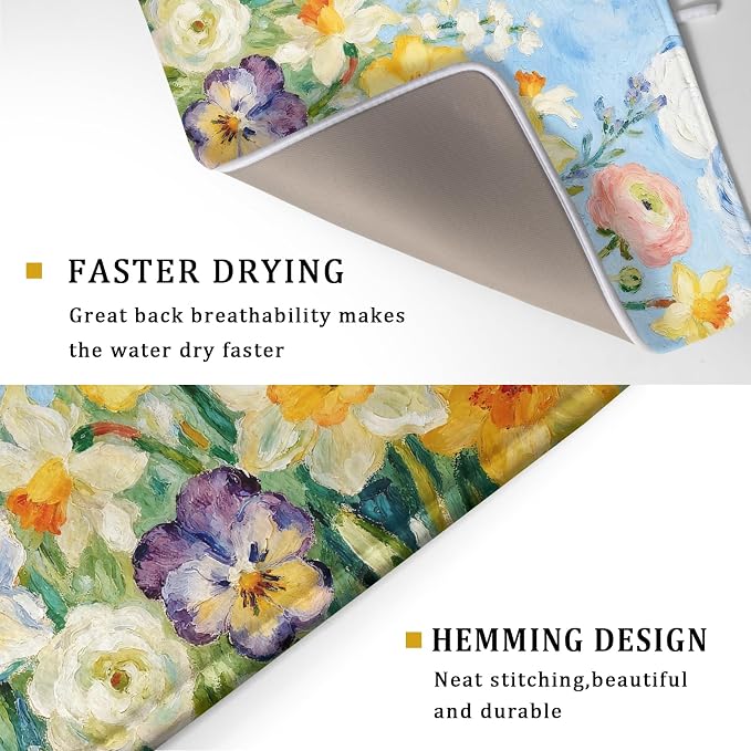 Spring Floral Dish Drying Mat for Kitchen Counter 18x24 Yellow Pink Narcissus - Image 3