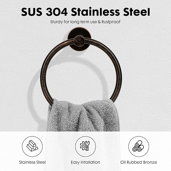 Oil Rubbed Bronze Toilet Paper Holder, Stainless Steel Towel Ring, Double Post - Image 3