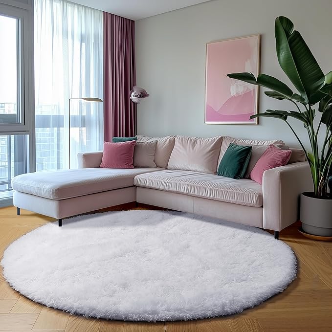 ONASAR White Round Area Rug 4ft, Soft Bedroom Circle Rugs Floor Mat for Kids Girls Boys Teen Room, Fuzzy Plush Shaggy Carpet for Baby Nursery Living Room Playroom Home Decor