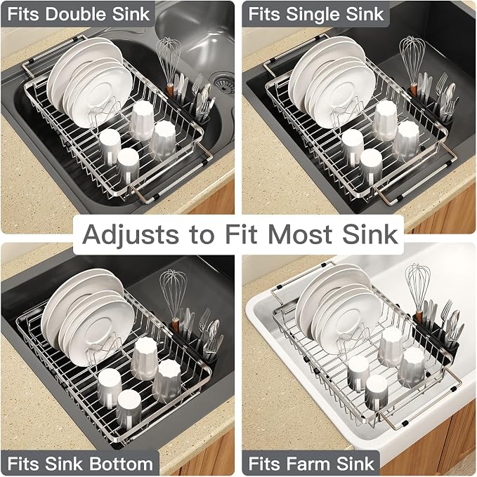 Small Expandable Over The Sink Dish Drainer Drying Rack in Stainless Steel Metal - Image 2