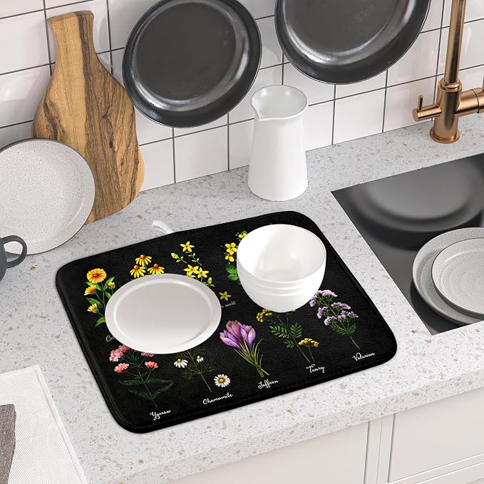 Black Flower Herbs Dish Drying Mat 16x18 Inch Botanical Floral Microfiber - Image 6