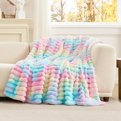 Cozy Bliss Faux Fur Throw Blanket for Couch, Cozy Warm Plush Striped Blanket for Sofa Bedroom Living Room, 50 * 60 Inches Tie-dye Rainbow