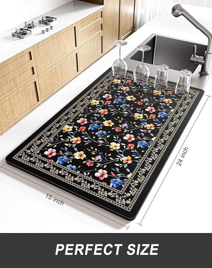 Rnivvi Dish Drying Mat for Kitchen Counter, XL 15 x 24" Cute Flower Theme Super - Image 2