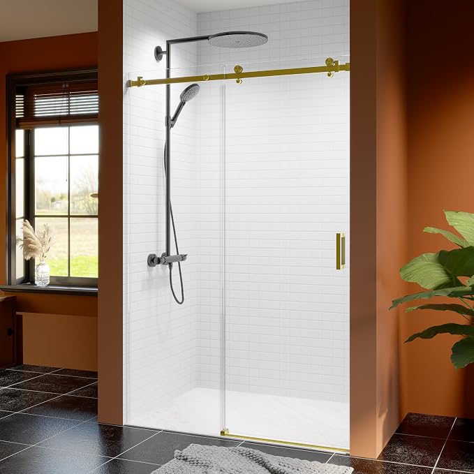 46-48 Inch Frameless Sliding Shower Door, 5/16" Clear Tempered Glass, Smooth by EZONTEQ