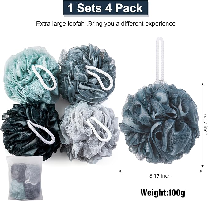 Loofah Sponge XXL-100g 4 Pack, Bath Sponge Soft Mesh Shower Puff Loofah - Image 3