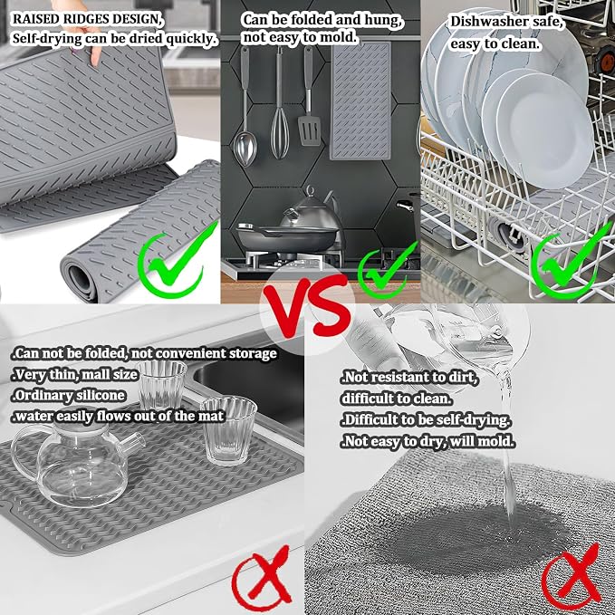 Silicone Dish Drying Mat for Kitchen Counter, Collapsible Trifold Large Dish - Image 7