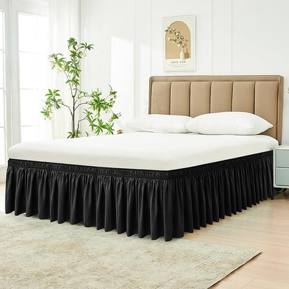 Biscaynebay Wrap Around Bed Skirts for Full & Full XL Beds 19" Long Drop, Black Adjustable Elastic Dust Ruffles Easy Fit Wrinkle & Fade Resistant Silky Luxurious Fabric Solid Machine Washable