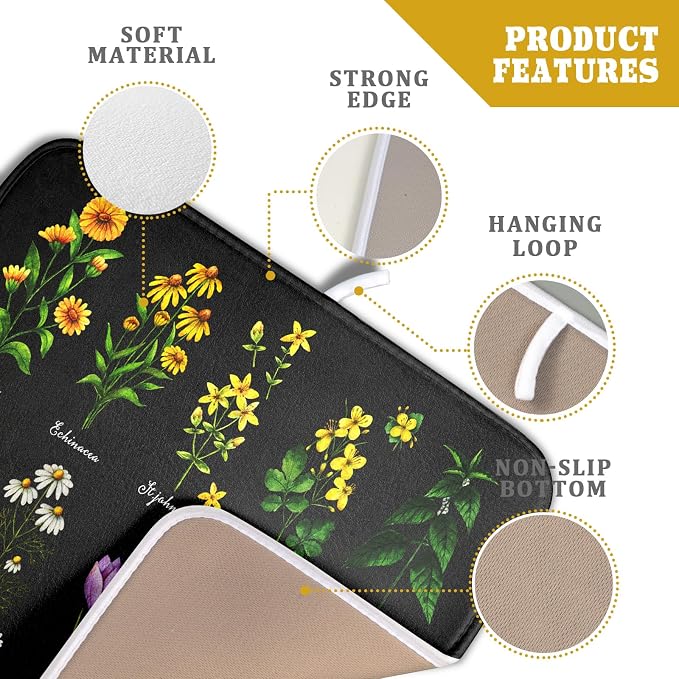 Black Flower Herbs Dish Drying Mat 16x18 Inch Botanical Floral Microfiber - Image 4