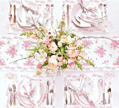 Solino Home Pink Floral Print Table Runner 48 inch - 100% Pure Linen Table Runner 14 x 48 Inch - Handcrafted and Machine Washable - Jolie Fleur Print