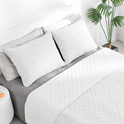 Easy-Going Queen Plus Size Reversible Quilt Set with 1 Quilt and 2 Pillow Shams, Soft Bed Quilt Cover, Water Resistant Lightweight Microfiber Bedspread, Stain Resistant, White/White
