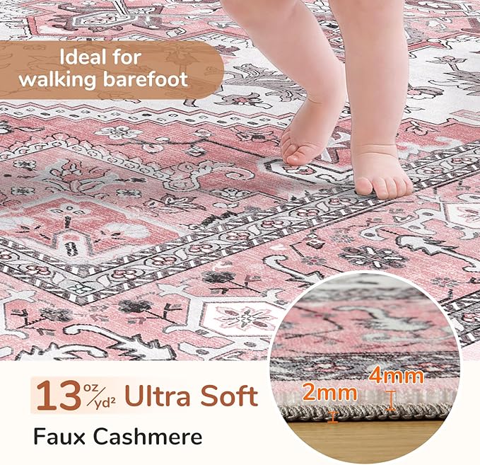 OPPODREAM Thin 6x9 Area Rugs, Washable Rug 6x9 with Non Slip Backing, Faux Cashmere Low-Pile 6 x 9 Carpet, Pink & Cream
