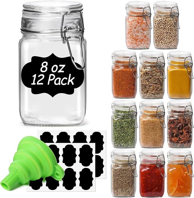 ComSaf Small Glass Jars with Airtight Lid Set of 12, Spice Jars 8 oz, Mason by ComSaf