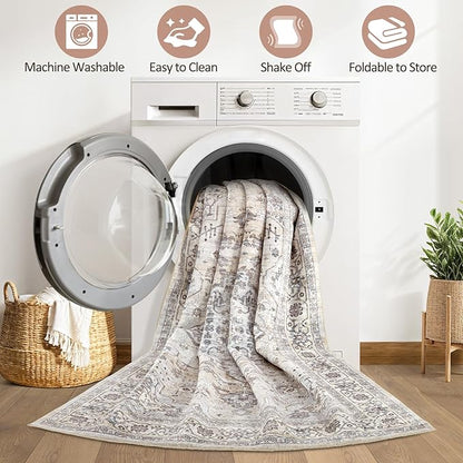 9x12 Area Rug Living Room: Washable Boho Large Neutral Vintage Soft Rugs Stain Resistant Farmhouse Non Slip Indoor Floor Carpet for Bedroom Nursery Kids Playroom Office Dining Room Home- Ivory Gray