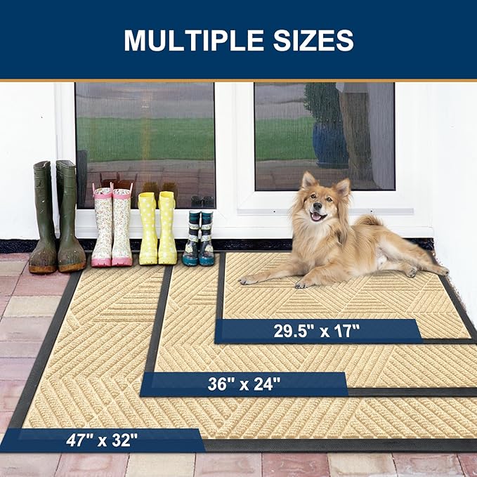Smiry Front Door Mat Outside Entrance, Heavy Duty Sturdy Natural Rubber Doormat, Trap Dirt and Moisture, Easy Clean Low Profile Mats for Indoor Outdoor Entry, Irregular Triangle (71x24, Beige)