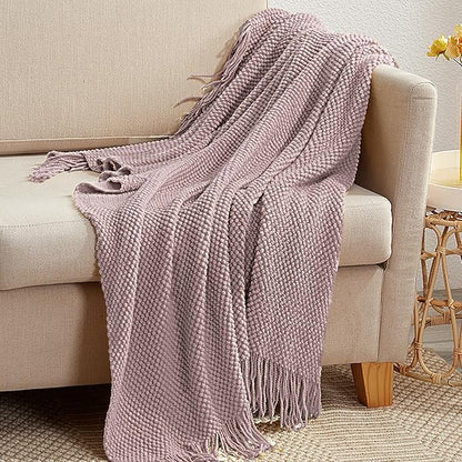 LOMAO Knitted Throw Blanket with Tassels Bubble Textured Lightweight Throws for Couch Cover Home Decor (Brownish Pink, 60x80)