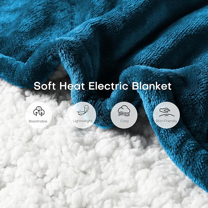 Electric Blanket Twin Size 62" x 84" Thickened Flannel and Sherpa Heated Blanket,10 Hours Timer Auto-Off,5 Heating Levels, Machine Washable, Lake Blue&White