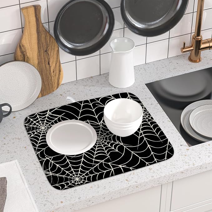 Halloween Dish Drying Mat for Kitchen Counter 16x18 Spider Web Black Holiday - Image 6