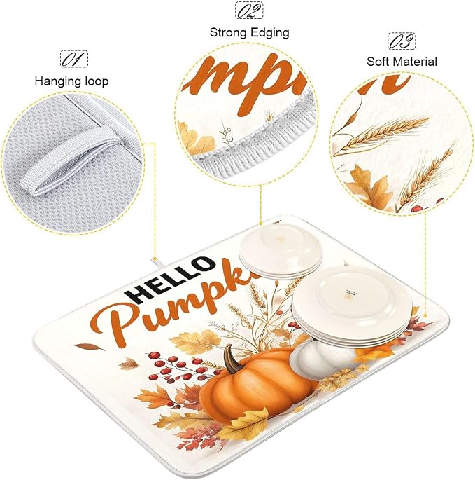 Hello Pumpkin Dish Drying Mat for Kitchen Countertop 16x18 Fall Harvest Leaves - Image 4