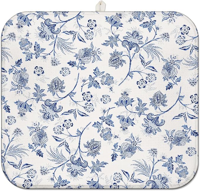Blue Floral Dish Drying Mat for Kitchen Counter, French Farmhouse Style by Unknown