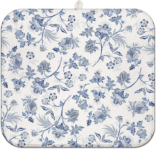 Blue Floral Dish Drying Mat for Kitchen Counter, French Farmhouse Style by Unknown