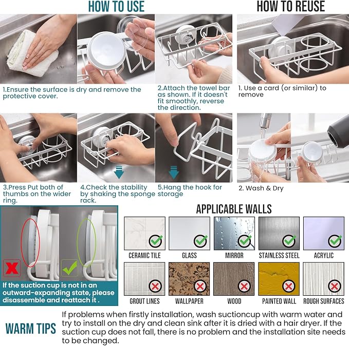 TAILI Sponge Holder with Strong Suction Cup, 4-in-1 Rustproof Sink Organizer - Image 8