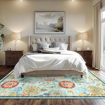 GarveeHome 8x10 Floral Washable Area Rug: Large Living Room Area Rug with Non-Slip Backing Washable Ultra Soft Bedroom Floral Carpet Indoor Stain Resistant Carpet for Dining Room 8 * 10 ft Light Blue