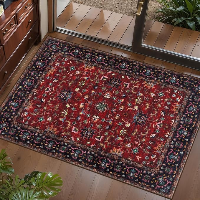 Tangsoo 2x3 Washable Rugs for Entryway, Vintage Floral Rug Red Small Area Rug Non-Slip Soft Low Pile, Small Carpet Door Mat, Front Door Indoor Throw Rugs for Entrance Kitchen Entry