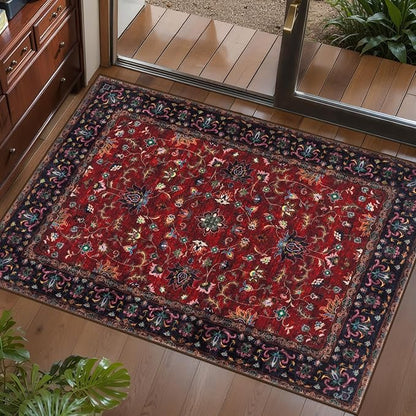 Tangsoo 2x3 Washable Rugs for Entryway, Vintage Floral Rug Red Small Area Rug Non-Slip Soft Low Pile, Small Carpet Door Mat, Front Door Indoor Throw Rugs for Entrance Kitchen Entry