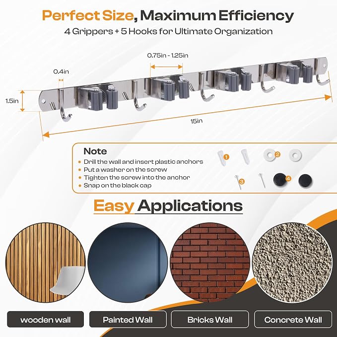 Heavy-Duty Stainless-Steel Broom Holder Wall Mount - Image 2