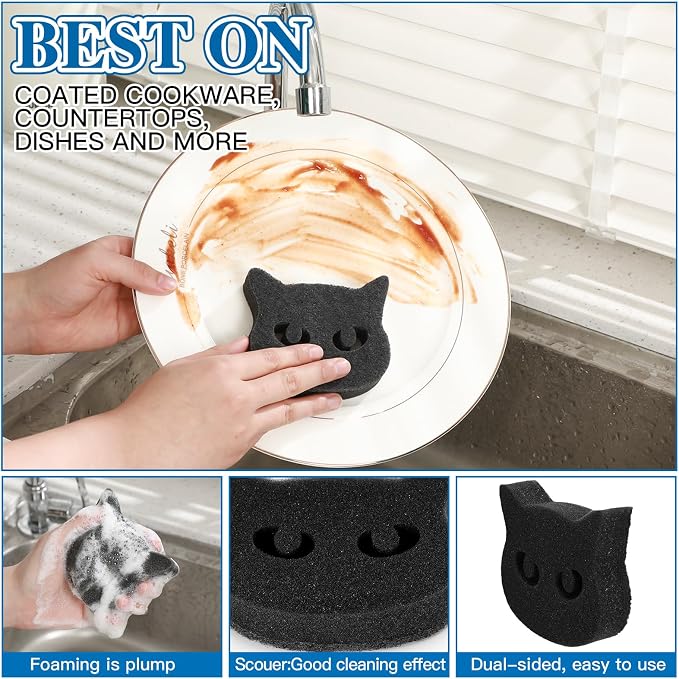 Tioncy 12 Pack Black Cat Sponges Bulk Dual Sided Scrubber Sponges Dishwashing - Image 2