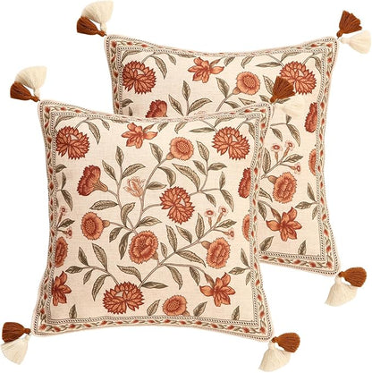 ISAENNE Design Linen Square Vintage Throw Pillow Covers 18"x18" Pack of 2, Brick Red Cushion Covers with Orange Floral Green Leaves Pattern Decoration Pillowcases for Bed,Living Room,Outdoor,Car